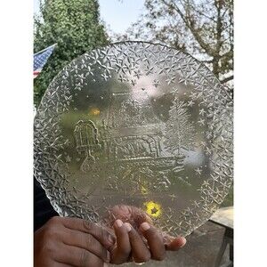 (2) Arcoroc Fireplace Christmas Glass Plate Holiday Tradition Fireside Platter